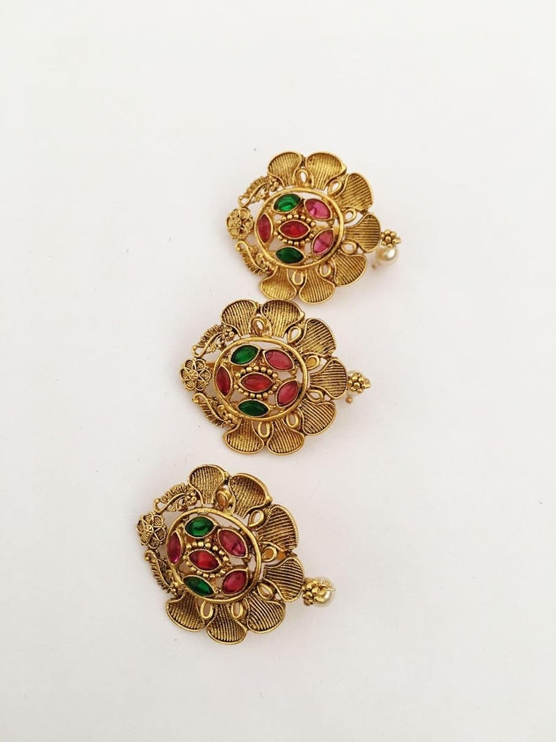 Generic antique gold color finish jada billa set pack of 3 with multicolor stones for women and girls wedding party fancy juda pins bun pins center clips hair pins for children  - Image 3