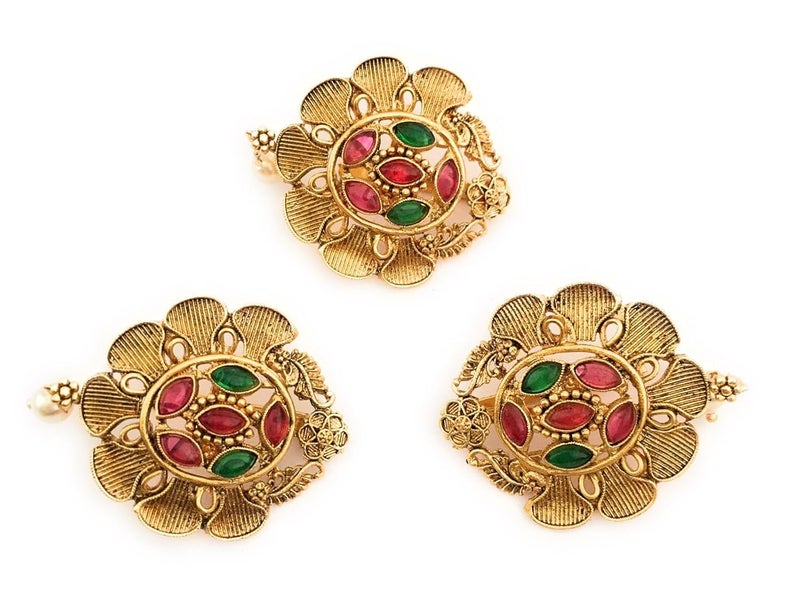 Generic antique gold color finish jada billa set pack of 3 with multicolor stones for women and girls wedding party fancy juda pins bun pins center clips hair pins for children  - Image 1