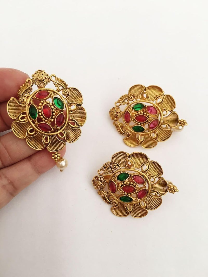 Generic antique gold color finish jada billa set pack of 3 with multicolor stones for women and girls wedding party fancy juda pins bun pins center clips hair pins for children  - Image 2