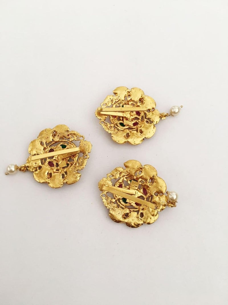 Generic antique gold color finish jada billa set pack of 3 with multicolor stones for women and girls wedding party fancy juda pins bun pins center clips hair pins for children  - Image 4