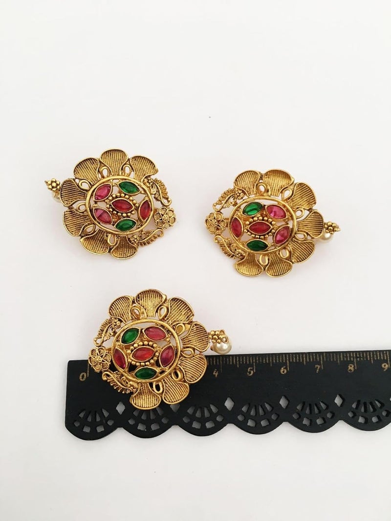 Generic antique gold color finish jada billa set pack of 3 with multicolor stones for women and girls wedding party fancy juda pins bun pins center clips hair pins for children  - Image 5