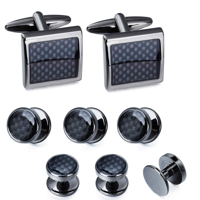 HAWSON Mens Cufflinks and Tuxedo Studs Set in Gift Box (Carbon Fiber), Jewelry or Accessories in Gold Silver Black Tone, Matching with Shirts Vest and Bow tie, Suitable for Birthday Wedding Anniversary - Image 1