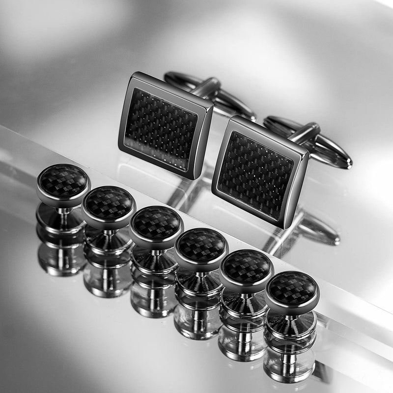 HAWSON Mens Cufflinks and Tuxedo Studs Set in Gift Box (Carbon Fiber), Jewelry or Accessories in Gold Silver Black Tone, Matching with Shirts Vest and Bow tie, Suitable for Birthday Wedding Anniversary - Image 5