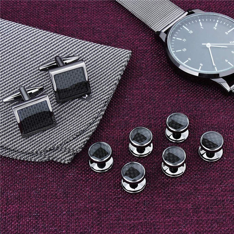HAWSON Mens Cufflinks and Tuxedo Studs Set in Gift Box (Carbon Fiber), Jewelry or Accessories in Gold Silver Black Tone, Matching with Shirts Vest and Bow tie, Suitable for Birthday Wedding Anniversary - Image 4