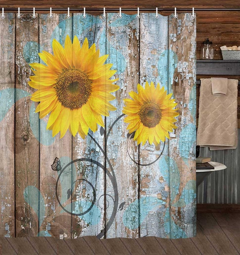 JAWO Farmhouse Rustic Shower Curtain, Sunflower Country Fall Autumn Floral Flower on Rural Barn Wooden Fabric Shower Curtain, Yellow Brown Black Teal Bathroom Curtains with Hooks Sets, 69x70inches - Image 2