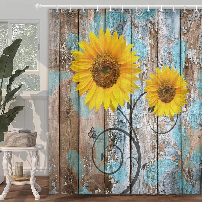 JAWO Farmhouse Rustic Shower Curtain, Sunflower Country Fall Autumn Floral Flower on Rural Barn Wooden Fabric Shower Curtain, Yellow Brown Black Teal Bathroom Curtains with Hooks Sets, 69x70inches - Image 3