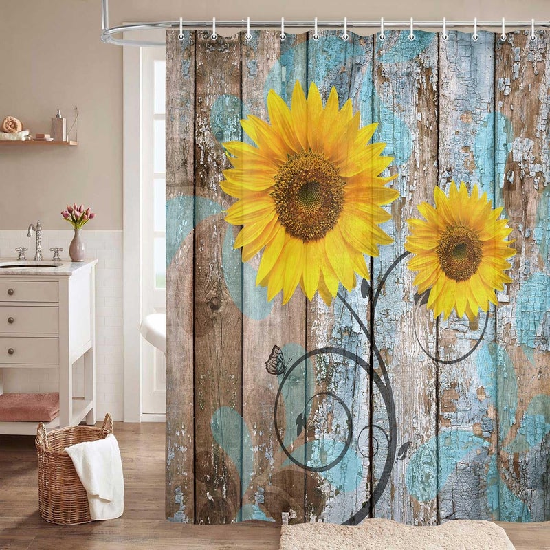 JAWO Farmhouse Rustic Shower Curtain, Sunflower Country Fall Autumn Floral Flower on Rural Barn Wooden Fabric Shower Curtain, Yellow Brown Black Teal Bathroom Curtains with Hooks Sets, 69x70inches - Image 4