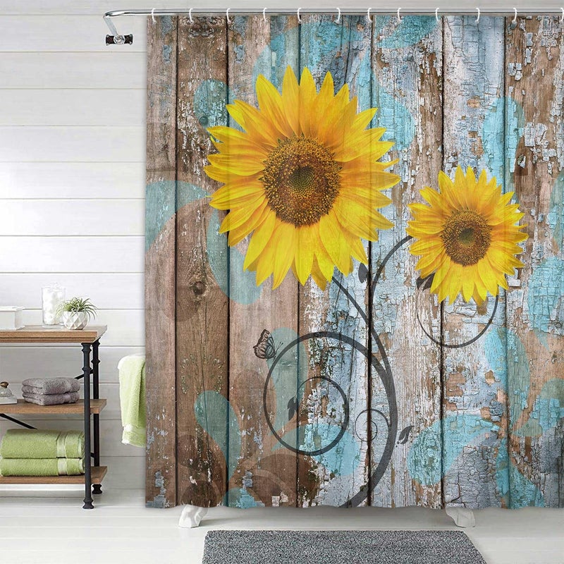 JAWO Farmhouse Rustic Shower Curtain, Sunflower Country Fall Autumn Floral Flower on Rural Barn Wooden Fabric Shower Curtain, Yellow Brown Black Teal Bathroom Curtains with Hooks Sets, 69x70inches - Image 5