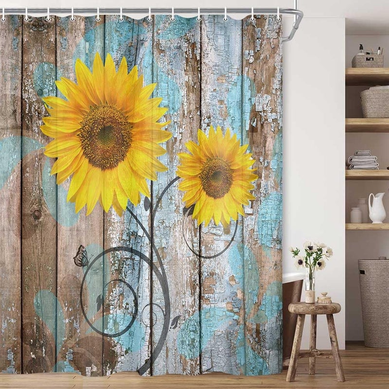 JAWO Farmhouse Rustic Shower Curtain, Sunflower Country Fall Autumn Floral Flower on Rural Barn Wooden Fabric Shower Curtain, Yellow Brown Black Teal Bathroom Curtains with Hooks Sets, 69x70inches - Image 1