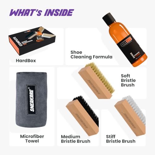 SNEAKARE Complete Shoe Cleaning Kit - Contains 100ml Shoe Cleaner, 3 Brushes (Soft, Medium & Stiff Bristles) & 1 Micro-Fibre Shoe Cleaning Towel - Suited for Sneakers, Shoes, Sports Shoes & More - Image 4