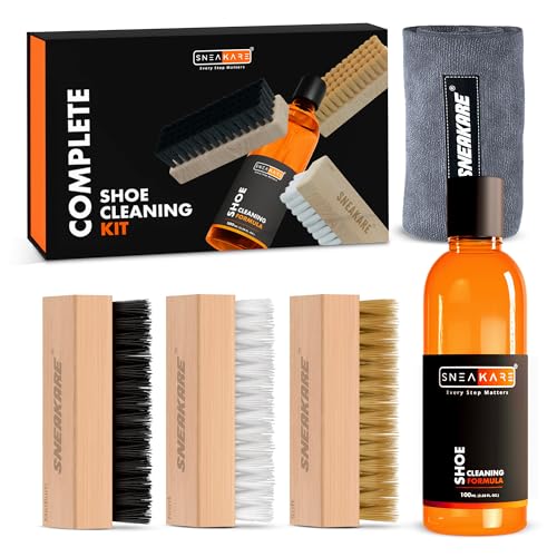 SNEAKARE Complete Shoe Cleaning Kit - Contains 100ml Shoe Cleaner, 3 Brushes (Soft, Medium & Stiff Bristles) & 1 Micro-Fibre Shoe Cleaning Towel - Suited for Sneakers, Shoes, Sports Shoes & More - Image 1