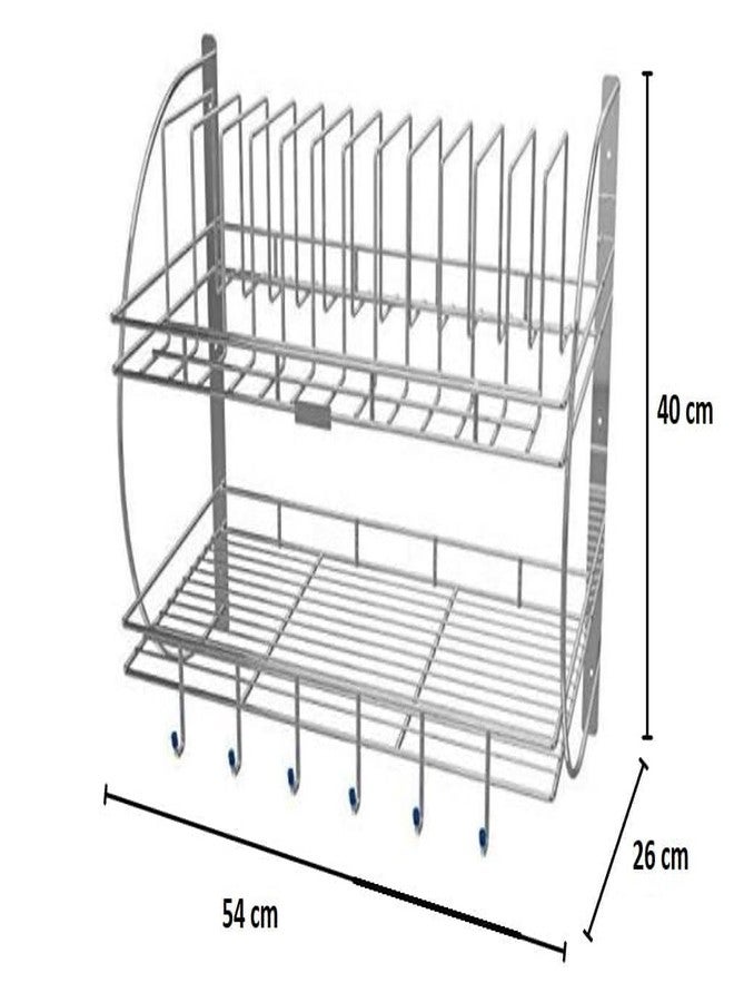 Touchcart Wall Mounted 2-Tier Stainless Steel Dish Rack Rust-Proof Kitchen Dish Drainer with 12 Plate Slots, Removable Drip Tray 6 Hooks & Cutlery Holder Space Saving Organizer for Plates Bowls, Cups & Utensils - Image 2