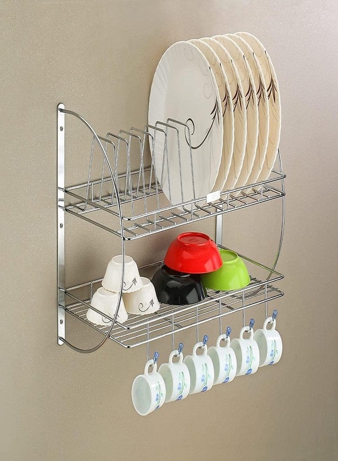 Touchcart Wall Mounted 2-Tier Stainless Steel Dish Rack Rust-Proof Kitchen Dish Drainer with 12 Plate Slots, Removable Drip Tray 6 Hooks & Cutlery Holder Space Saving Organizer for Plates Bowls, Cups & Utensils - Image 5