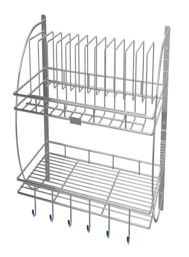 Touchcart Wall Mounted 2-Tier Stainless Steel Dish Rack Rust-Proof Kitchen Dish Drainer with 12 Plate Slots, Removable Drip Tray 6 Hooks & Cutlery Holder Space Saving Organizer for Plates Bowls, Cups & Utensils - Image 3