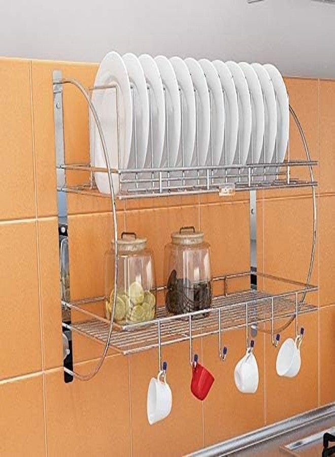Touchcart Wall Mounted 2-Tier Stainless Steel Dish Rack Rust-Proof Kitchen Dish Drainer with 12 Plate Slots, Removable Drip Tray 6 Hooks & Cutlery Holder Space Saving Organizer for Plates Bowls, Cups & Utensils - Image 1
