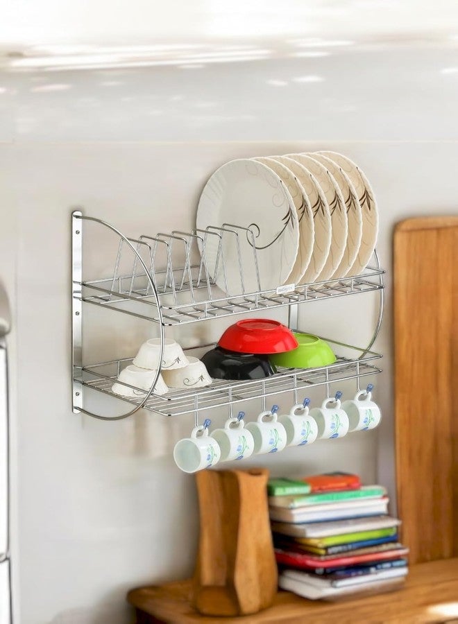Touchcart Wall Mounted 2-Tier Stainless Steel Dish Rack Rust-Proof Kitchen Dish Drainer with 12 Plate Slots, Removable Drip Tray 6 Hooks & Cutlery Holder Space Saving Organizer for Plates Bowls, Cups & Utensils - Image 4