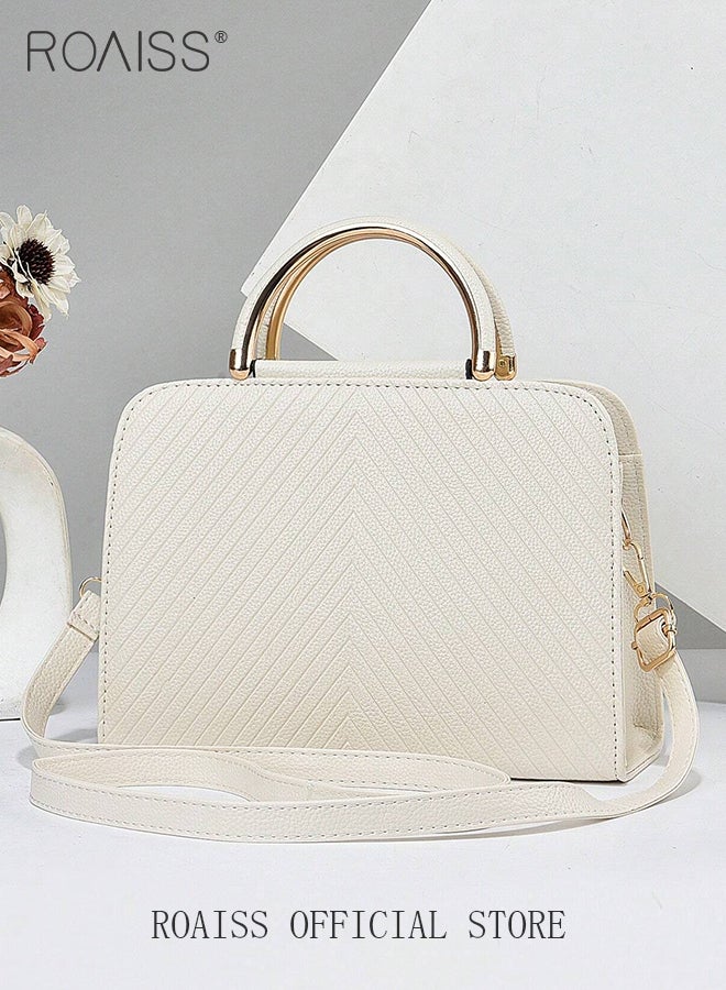 رويس حقيبة يد نسائية مربعة الشكل من الجلد الصناعي بلون موحد، متعددة الاستخدامات، حقيبة كتف من الجلد الصناعي، تصميم أنيق وعملي للاستخدام اليومي، العمل والنزهات غير الرسمية، لون أبيض - Image 4
