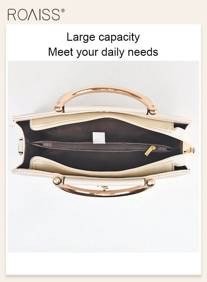 رويس حقيبة يد نسائية مربعة الشكل من الجلد الصناعي بلون موحد، متعددة الاستخدامات، حقيبة كتف من الجلد الصناعي، تصميم أنيق وعملي للاستخدام اليومي، العمل والنزهات غير الرسمية، لون أبيض - Image 3