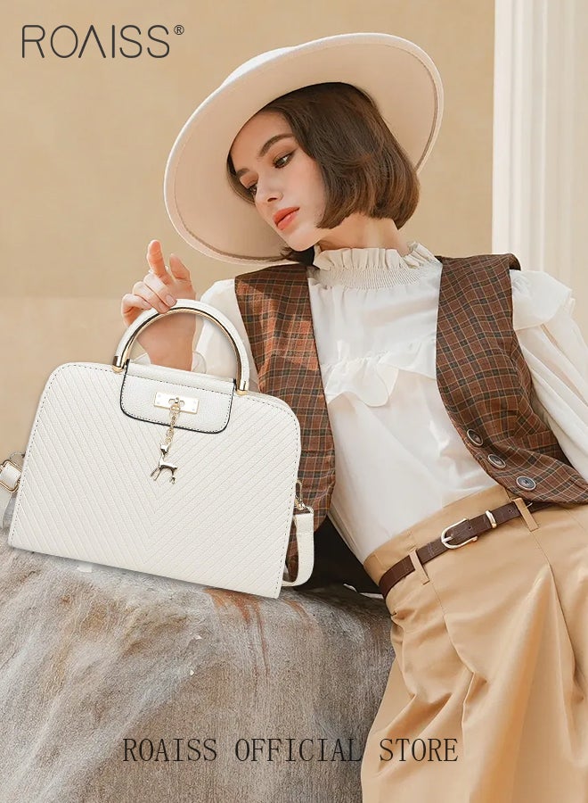 رويس حقيبة يد نسائية مربعة الشكل من الجلد الصناعي بلون موحد، متعددة الاستخدامات، حقيبة كتف من الجلد الصناعي، تصميم أنيق وعملي للاستخدام اليومي، العمل والنزهات غير الرسمية، لون أبيض - Image 2