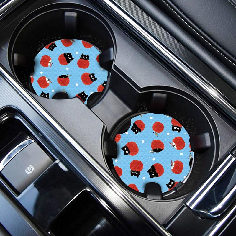 WOCOCN Cute Cup Holder Coasters for Your Car with Fingertip Grip, Auto Accessories for Women & Men,Pack of 2 (Black Cat and Apple) - Image 1