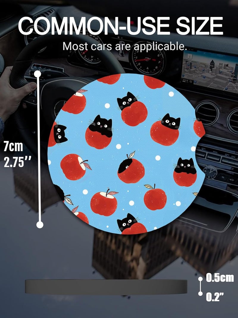 WOCOCN Cute Cup Holder Coasters for Your Car with Fingertip Grip, Auto Accessories for Women & Men,Pack of 2 (Black Cat and Apple) - Image 2