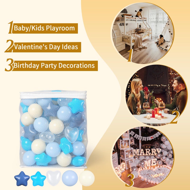 Trendplayball Pit Balls Star and Heart For For Childlers - 100 Count Blastic Balls for Ball Pit Fun و Play Cream Blue Cream White - Image 4