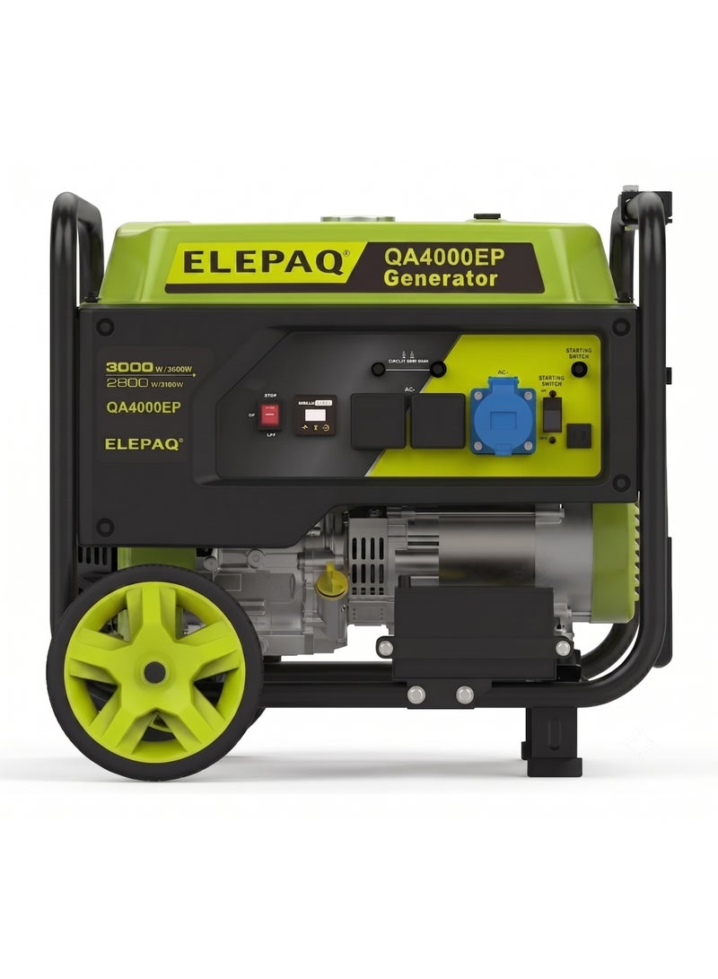 ELEPAQ 4 kW Gasoline Generator with Electric Start – QA4000EP Portable 4-Stroke OHV Gas Powered Power Station, 5.0 kW Max Output Single Phase Generator with Wheels, Handles and AVR for Home Backup and RV
