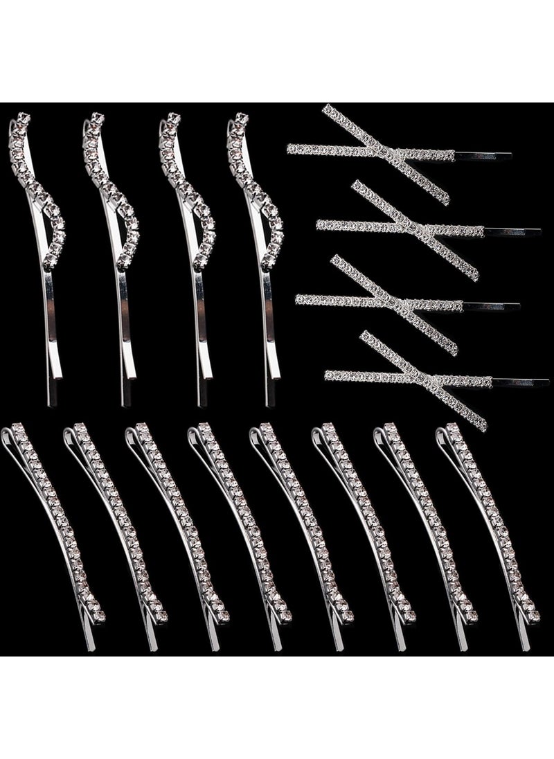 La Jolie Jasmin - 16 Pieces Rhinestone Bobby Pins Fancy Metal Hair Clips Crystal Shiny Barrettes I S X Shaped Diamond Hair Accessories for Women Girls Wedding Prom Party Silver - Image 1