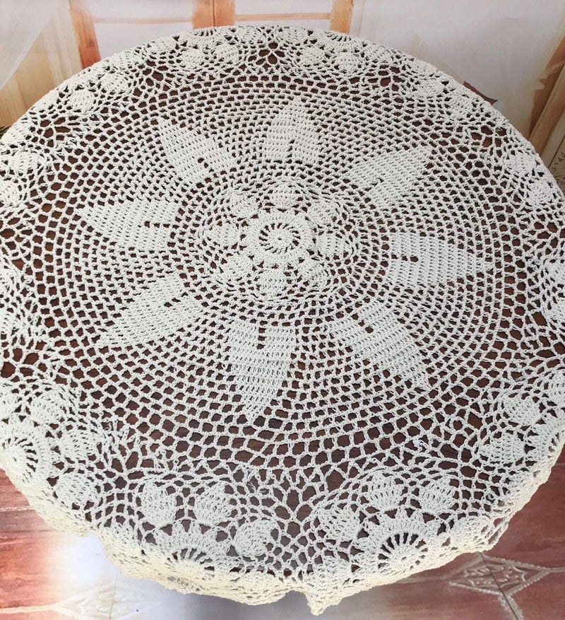 Damanni Beige Cotton Handmade Crochet Lace Tablecloth DoiliesRound27 Inch - Image 5