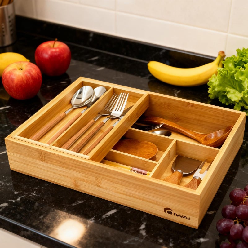 COIWAI 2-Tier Drawer Organizer with Removable Cutlery Tray Kitchen Utensil Silverware Drawer Organizer, Silverware Tray for Drawer Utensil Holder Bamboo Flatware Box for Utensils Stationery Cosmetics (M) - Image 4