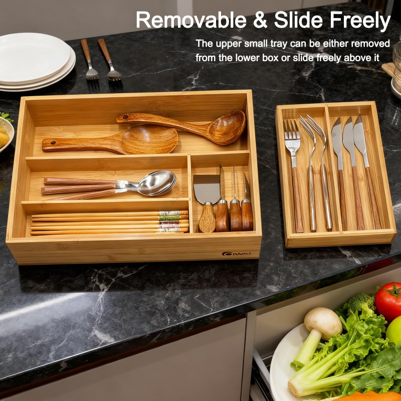 COIWAI 2-Tier Drawer Organizer with Removable Cutlery Tray Kitchen Utensil Silverware Drawer Organizer, Silverware Tray for Drawer Utensil Holder Bamboo Flatware Box for Utensils Stationery Cosmetics (M) - Image 2