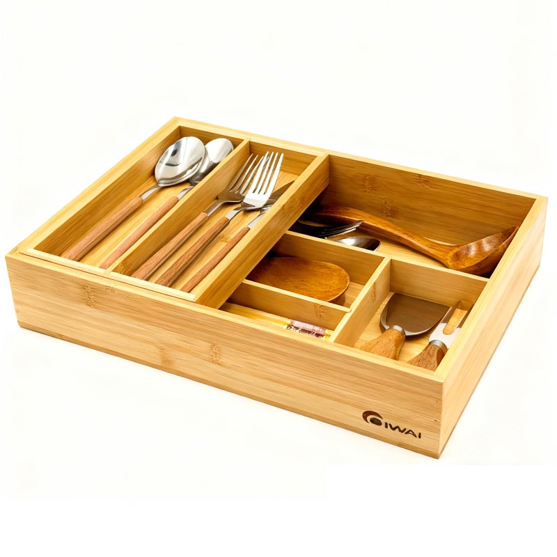 COIWAI 2-Tier Drawer Organizer with Removable Cutlery Tray Kitchen Utensil Silverware Drawer Organizer, Silverware Tray for Drawer Utensil Holder Bamboo Flatware Box for Utensils Stationery Cosmetics (M) - Image 1
