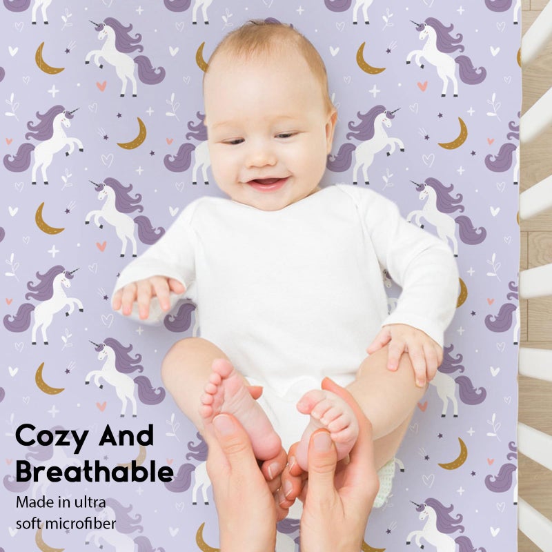 Yoofoss Baby Crib Sheets for Boys Girls, Fitted Crib Sheet 2 Pack for Standard Crib and Toddler Mattress, Super Soft Microfiber Baby Sheet 28x52x8in(Purple+Unicorn) - Image 4