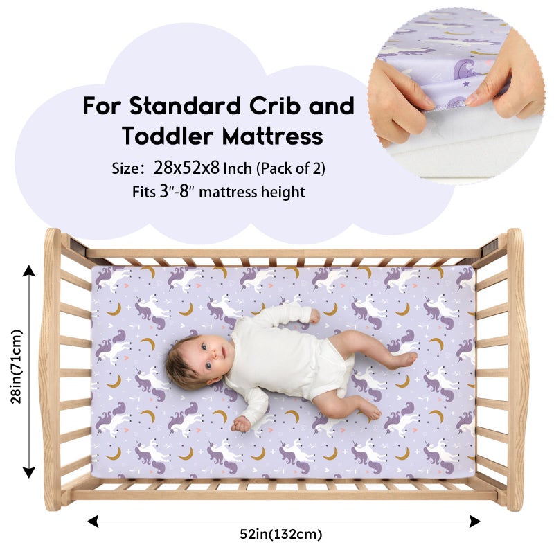 Yoofoss Baby Crib Sheets for Boys Girls, Fitted Crib Sheet 2 Pack for Standard Crib and Toddler Mattress, Super Soft Microfiber Baby Sheet 28x52x8in(Purple+Unicorn) - Image 2