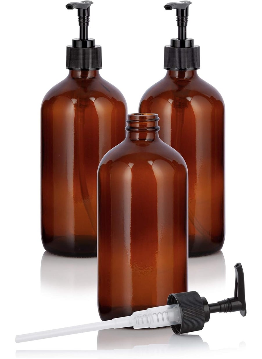 JUVITUS 16 oz Amber Glass Boston Round Bottle with Black Lotion Pump Dispenser (3 Pack) 