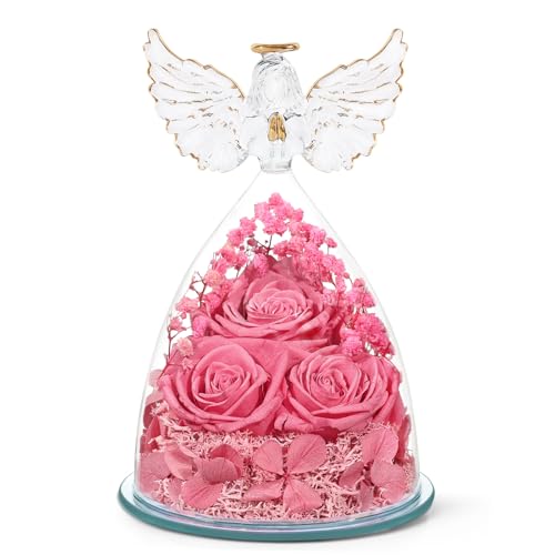 FIACO Mothers Day Flowers Gifts for Mom Flowers for Delivery Preserved Flowers Forever Real Fresh Roses in Glass Angel Figurines Birthday Gifts for Women Anniversary Present for Grandma Wife from Daughter - Image 1