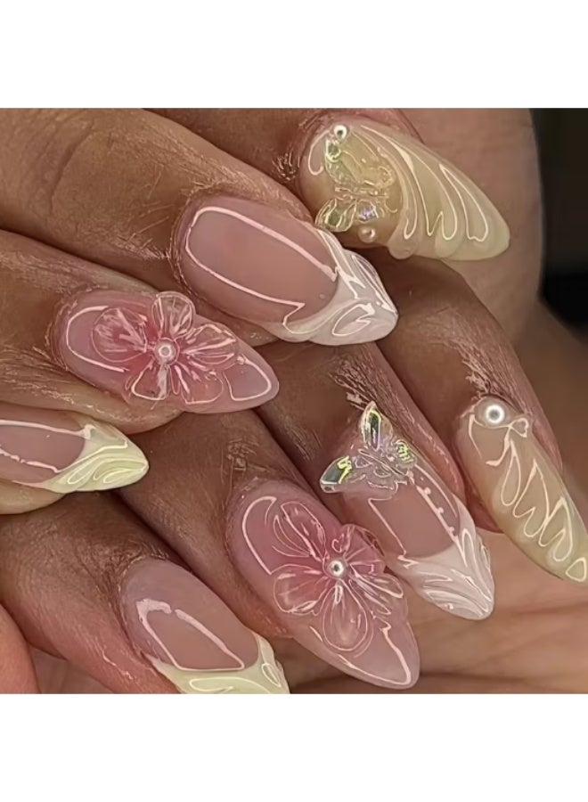 KHAJUL 24 Pieces Almond False Nails, 3D False Nails with Pearl Flower Bow Design, Press On Nails Kit with French Tip and Gold Edge, 24 Pieces Nail Set for Women, Perfect for Eid and Parties - Image 1