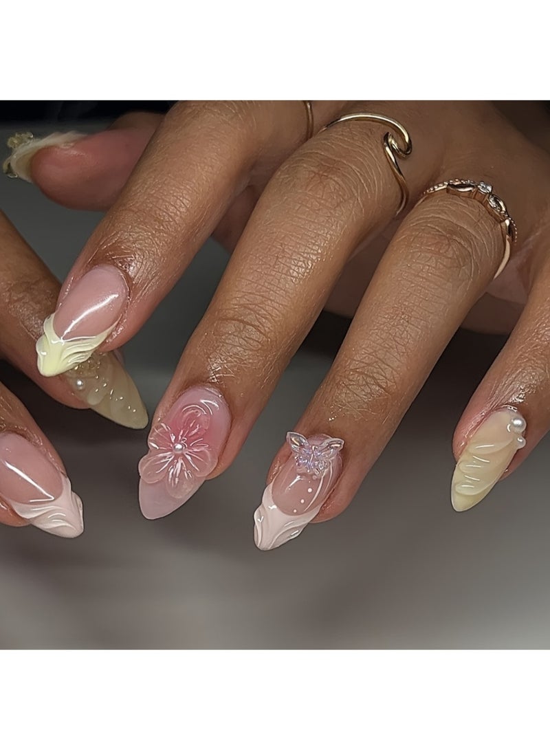 KHAJUL 24 Pieces Almond False Nails, 3D False Nails with Pearl Flower Bow Design, Press On Nails Kit with French Tip and Gold Edge, 24 Pieces Nail Set for Women, Perfect for Eid and Parties - Image 2