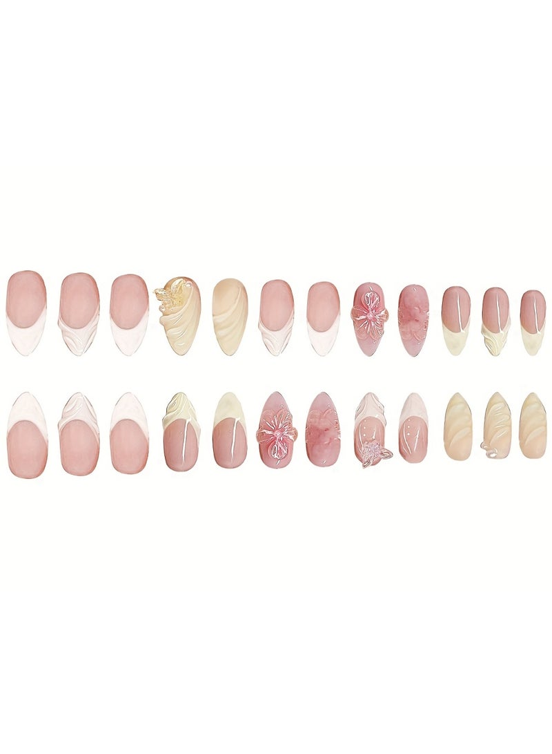 KHAJUL 24 Pieces Almond False Nails, 3D False Nails with Pearl Flower Bow Design, Press On Nails Kit with French Tip and Gold Edge, 24 Pieces Nail Set for Women, Perfect for Eid and Parties - Image 4