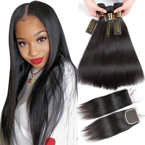 QTHAIR 16A Brazilian Straight Hair 3 Bundles with 4x4 Lace Closure16 18 20 with 14 Free Part ClosureNatural Black 100 Unprocessed Brazilian Virgin Hair Straight Weave With Swiss Lace Closure