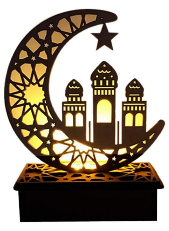 GGEROU Wooden Eid Crafts Night Light Moon Night Lights LED DIY Mubarak Lights Islamic Palace LED Moon Tabletop Lights 3D Ramadan Mubarak Lamp Decorations for Home Party Supplies  - Image 1