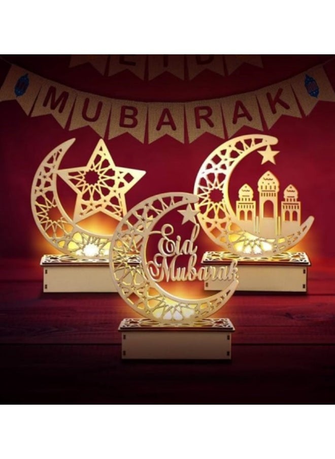 GGEROU Wooden Eid Crafts Night Light Moon Night Lights LED DIY Mubarak Lights Islamic Palace LED Moon Tabletop Lights 3D Ramadan Mubarak Lamp Decorations for Home Party Supplies  - Image 2