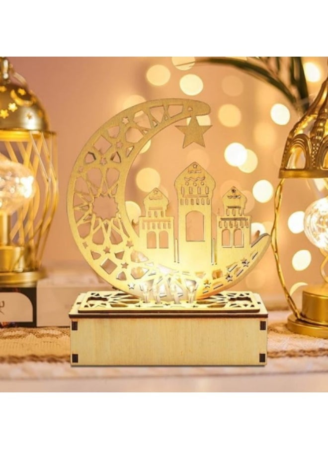 GGEROU Wooden Eid Crafts Night Light Moon Night Lights LED DIY Mubarak Lights Islamic Palace LED Moon Tabletop Lights 3D Ramadan Mubarak Lamp Decorations for Home Party Supplies  - Image 3