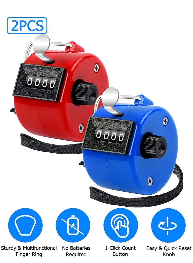 Wffo 2 Pack Hand Tally Counter - 4 Digital Mechanical Palm Click Counter with Finger Ring, for Sport Stadium Coach Referees Row School Event (Blue and Red) - Image 1