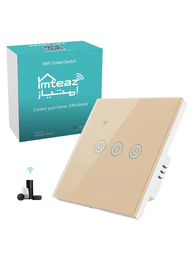 Imteaz WiFi Smart Wall Light Switch, No Neutral Wire Required, No Hub Required, Compatible with Google Home & Alexa, Touch & App Remote Control, Timing Function & Voice Control  (Gang 3, Gold) - Image 1