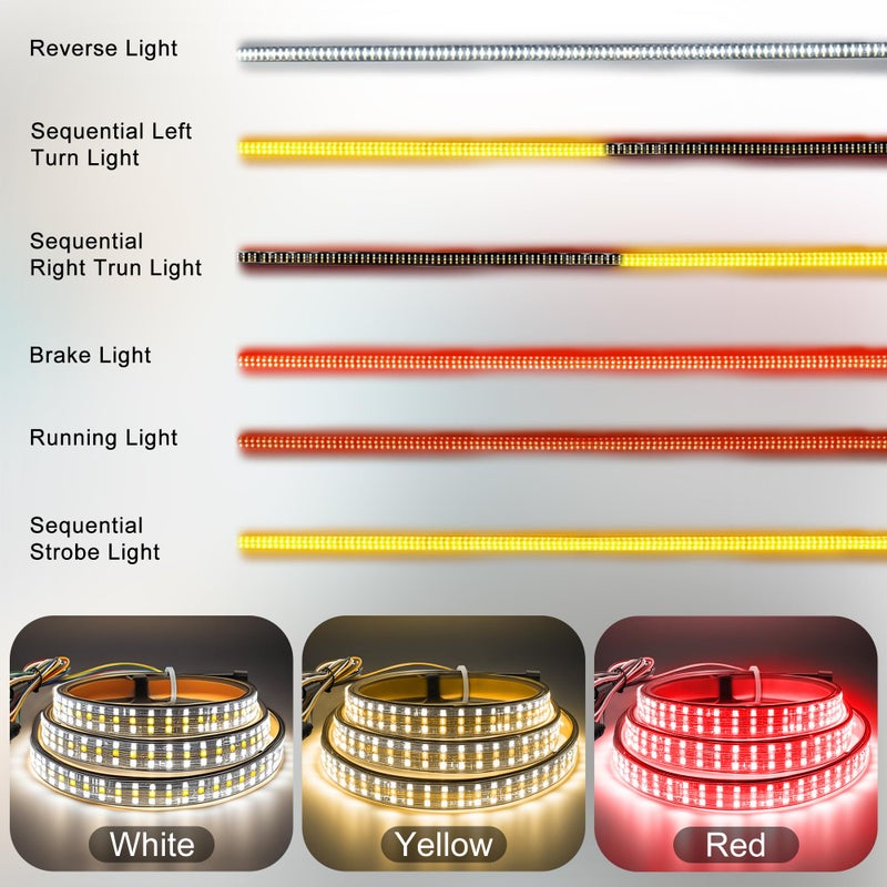 Ligrel 60" Truck Tailgate Light Bar - 504 LED Triple Row Strip with Red Brake/White Reverse/Yellow Turn Signals, Sequential & Strobe Effects, Waterproof Silicone for Pickup Trucks, SUVs, Trailers - Image 3