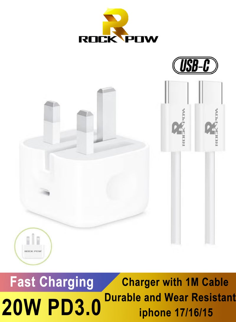 ROCK POW iPhone 17 16 15 Charger Fast Charging Type C Charger USB C Charger Block iPhone 16 Charger with 1M Cable for iPhone 17/Pro/Pro Max/17 Air/iPhone 16/16 Plus/16 Pro/16 Pro Max/iPhone 15/15 Pro Max/15 Plus/15 Pro/14/13/12/11/iPad Pro/AirPods Samsung Galaxy S24, S23, S22, S21, S20, Z Fold, Z Flip,Travel Power Adapter also for Huawei/Xiaomi/iPad Pro/iPad 11th/10th/iPad Air, etc - Image 1