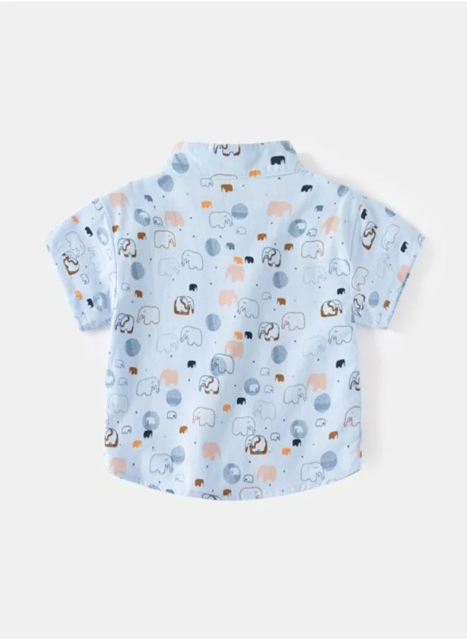 YUNIQEE Blue Mandarin Collar Short Sleeve Printed Shirt