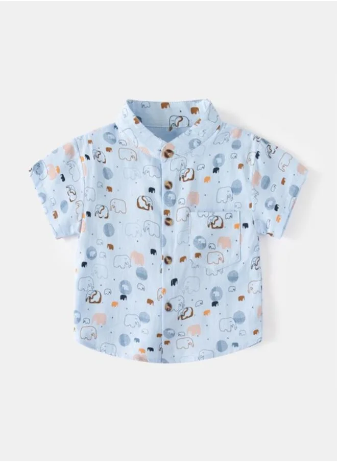 YUNIQEE Blue Mandarin Collar Short Sleeve Printed Shirt