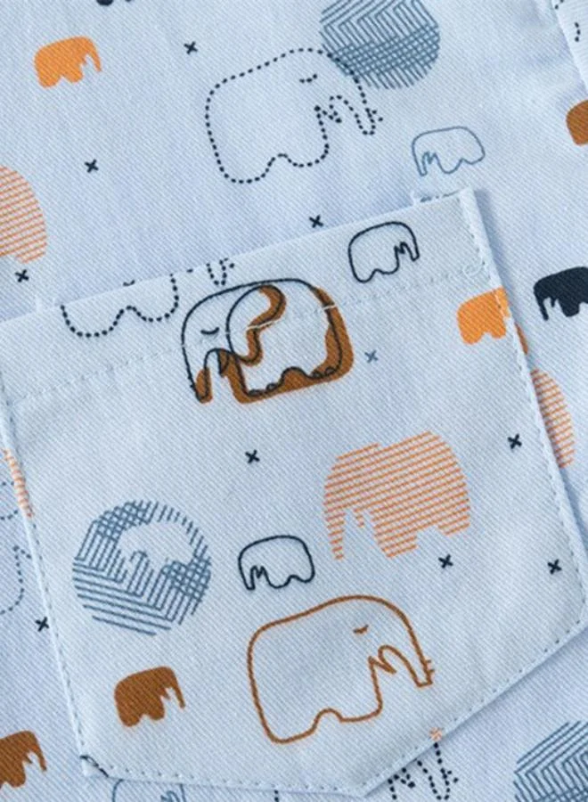 يونيكي Blue Mandarin Collar Short Sleeve Printed Shirt